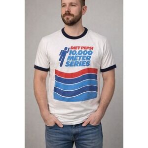 Vintage 1980's Diet Pepsi Running Single Stitch Ringer T-Shirt Large Muscle Cuff